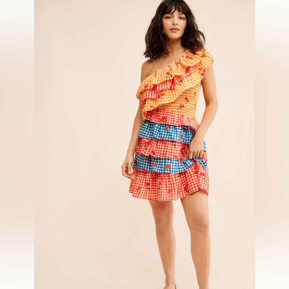 FARM RIO One Shoulder Cherry Print Ruffle Mini Dress Gingham | S